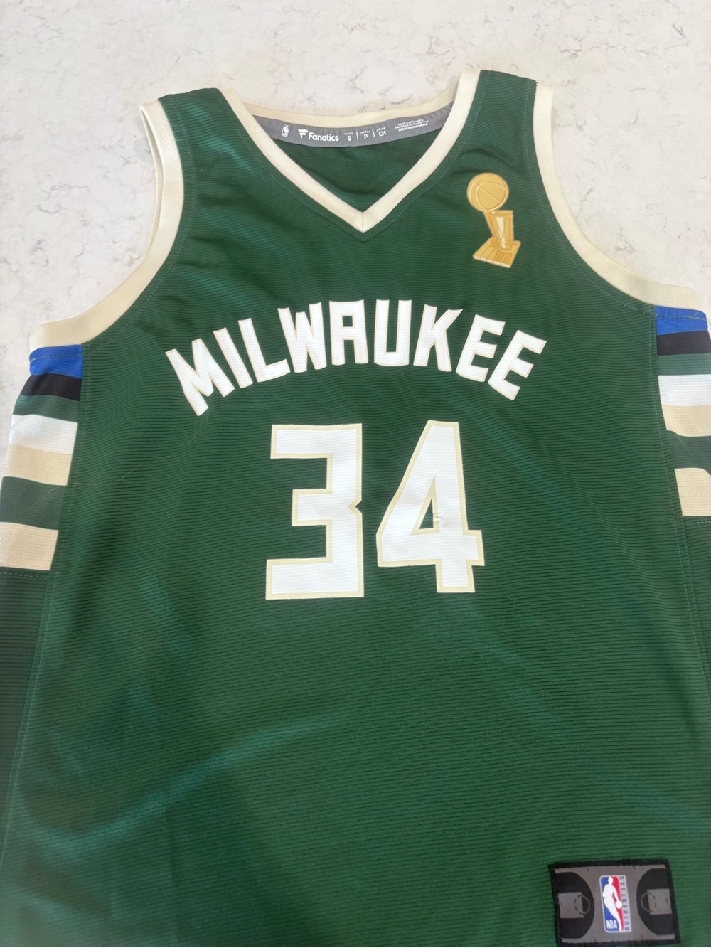 Fanatics Milwaukee Green and White #34 Basketball Jersey with Gold Trophy Patch
